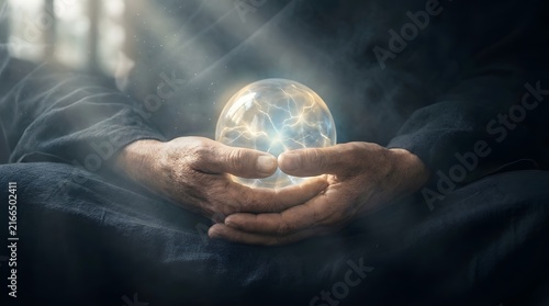 Hands Surrounding Illuminated Crystal Ball with Lightning Effect in Dark Setting