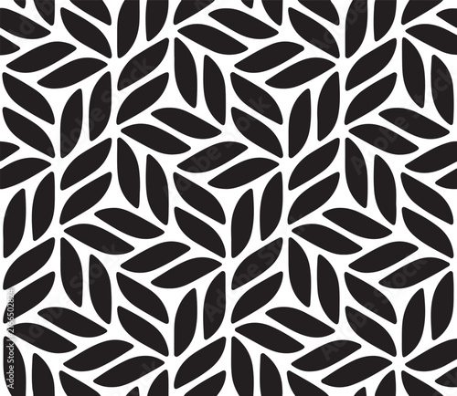 Minimalist black leaf pattern vector, seamless botanical background, geometric foliage texture for textile and wallpaper design
