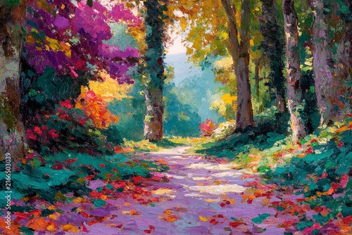 Autumn Forest Path Impressionist Oil Painting with Golden Sunlight and Fallen Leaves