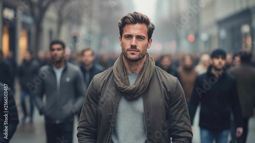 Handsome confident man walking in the city street surrounded by diverse crowd on a chilly day