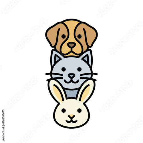 Stack of Cute Pet Animal Faces Dog Cat Rabbit Illustration.
