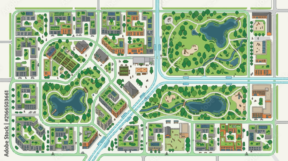 Fototapeta premium Urban City Map Vector Illustration with Green Parks Roads Lakes and Residential Neighborhoods in Top View