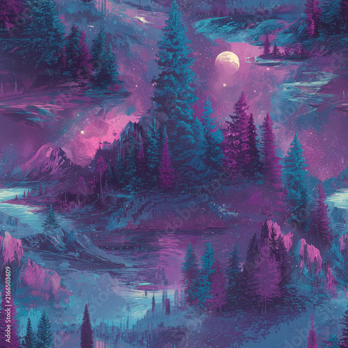 Dreamlike neon mountain forest landscape under a glowing moon with pink and blue tones seamless pattern