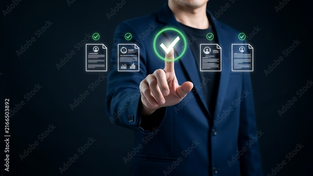 Fototapeta premium Businessman touching digital screen to approve document and quality control checklist