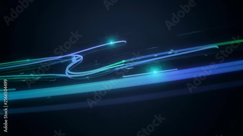 Abstract futuristic blue and green light trails on dark background for digital technology and innovation concepts