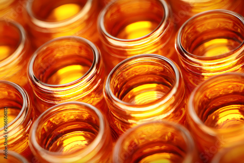 Rows of small, empty, golden-orange glass jars reflecting bright light, creating a warm, repetitive pattern and glow.