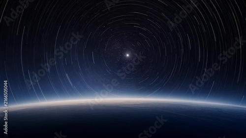 Star trails over Earth horizon in deep space night sky with glowing atmosphere and celestial beauty