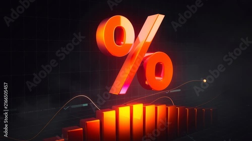 Bright glowing orange percentage symbol with rising bar graph and data lines on dark background representing finance growth