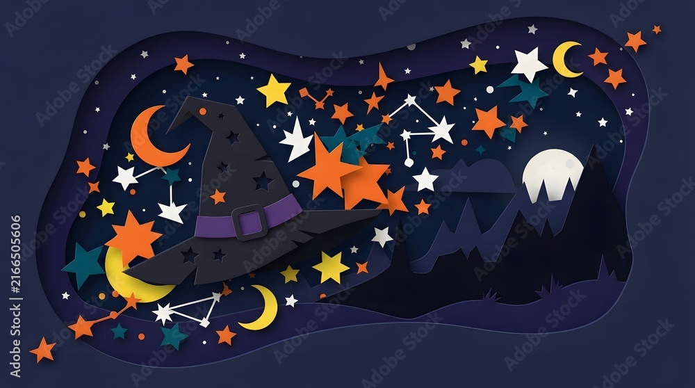 Naklejka premium Whimsical hand drawn illustration of a starry night sky with colorful crescent moons and glowing stars