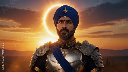 Portrait of a noble warrior in shining armor and blue turban with a glowing sunset background