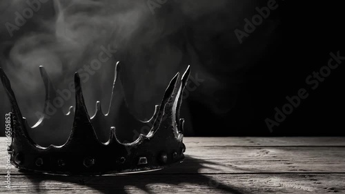 Dark metal crown with smoke on wooden surface symbolizing power mystery and royalty