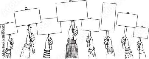 Doodle set of hands holding empty banners, hand drawn vector icons, black outline illustration for protest and message concept.