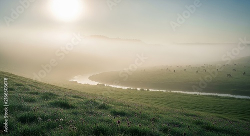 Peaceful rural landscape with river cows grazing in meadow and misty morning sun over rolling hills.
