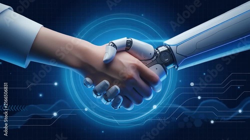 Human and robot handshake symbolizing technology partnership and artificial intelligence collaboration