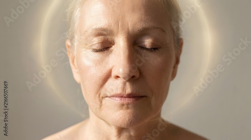 Woman with peaceful expression and halo effect in soft lighting