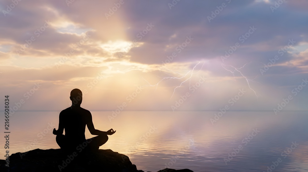 Fototapeta premium Person Meditating on Rock During Sunset with Lightning over Mountain Lake