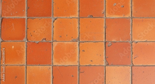 Close-up aerial view of vintage orange terracotta floor tiles with visible wear and rustic texture.