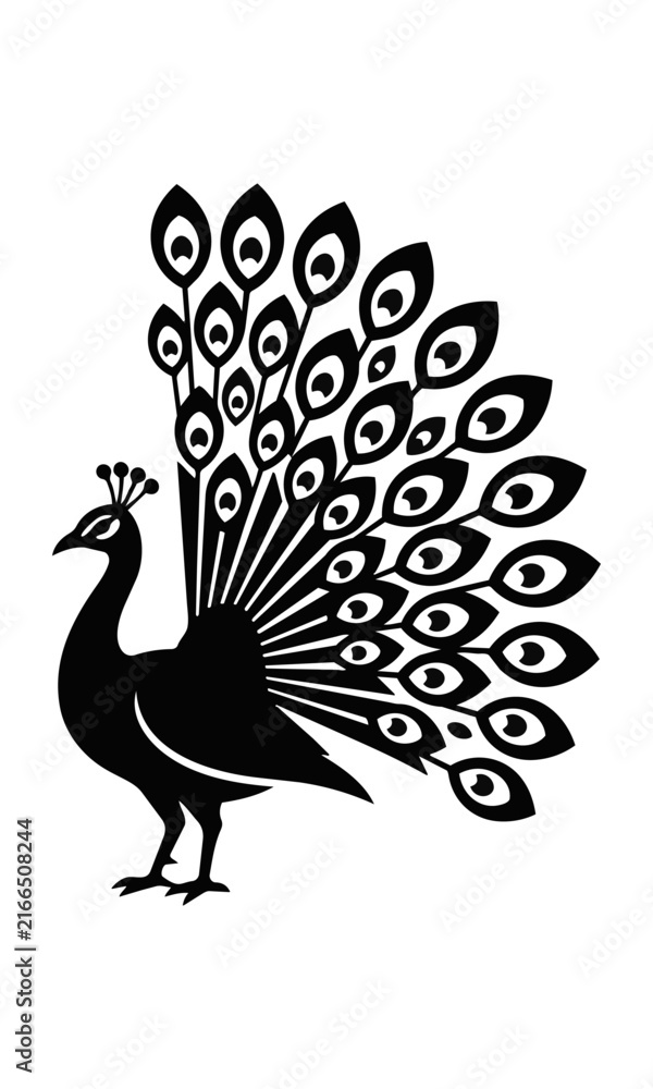 Fototapeta premium Minimalist black silhouette of a standing peacock with a fanned tail and stylized eye patterns isolated on white background elegant nature design concept