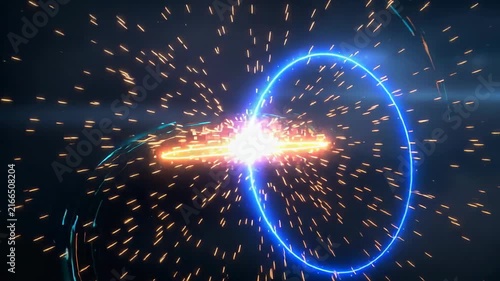 Futuristic glowing energy rings with sparks and light particles in dark space background