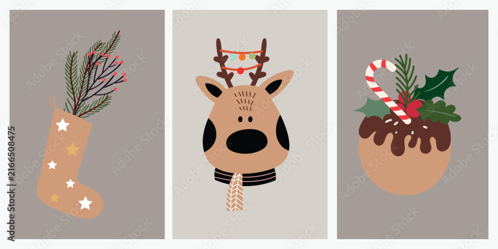 Naklejka premium Scandinavian Christmas vector posters featuring a cute reindeer head, festive stocking with pine branches, and holiday pudding. Minimalist winter greeting cards with earthy neutral colors.