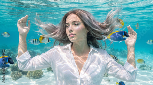 Donna eterea sott'acqua circondata da pesci tropicali e barriera corallina