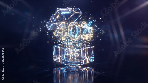 Glowing crystal gift box with 40 percent off discount sign for ecommerce sale promotion