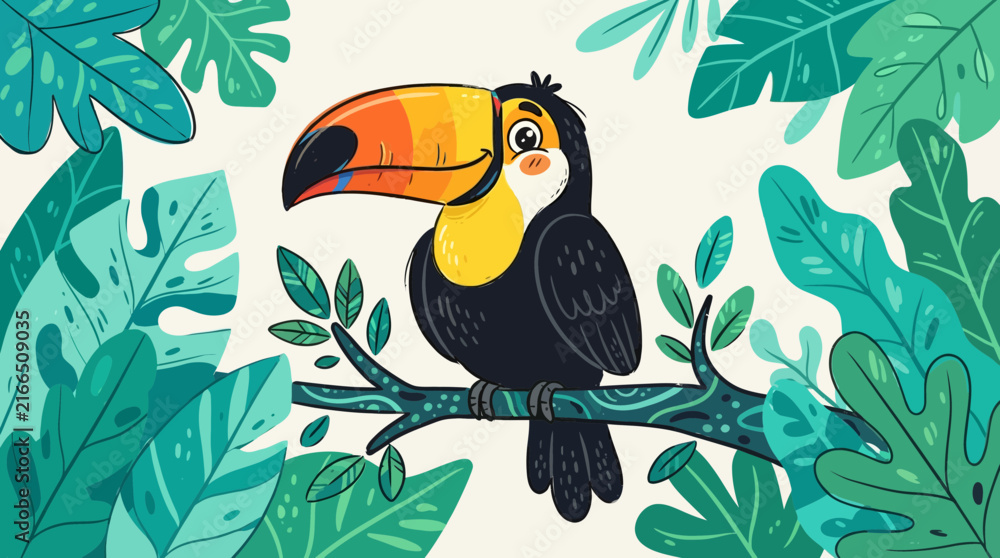 Naklejka premium Vibrant toucan bird perched on wooden branch surrounded by tropical monstera leaves and pink hibiscus flowers