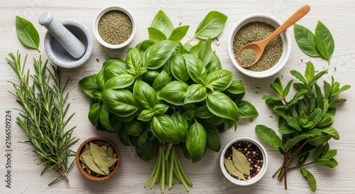 Fresh herbs for cooking laid out on a wooden table, including basil, rosemary, mint, and bay leaves with spices.
