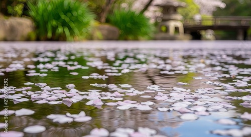 Beautiful scene of cherry blossom petals floating on water surface in a serene outdoor garden during springtime.