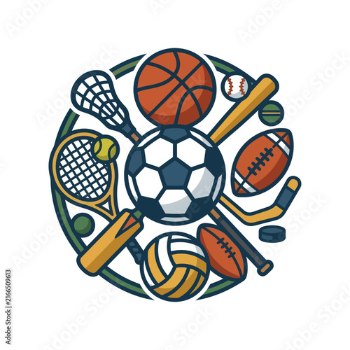 Diverse Sports Equipment Collage - Basketball, Soccer, Tennis, Hockey, Football, Baseball
