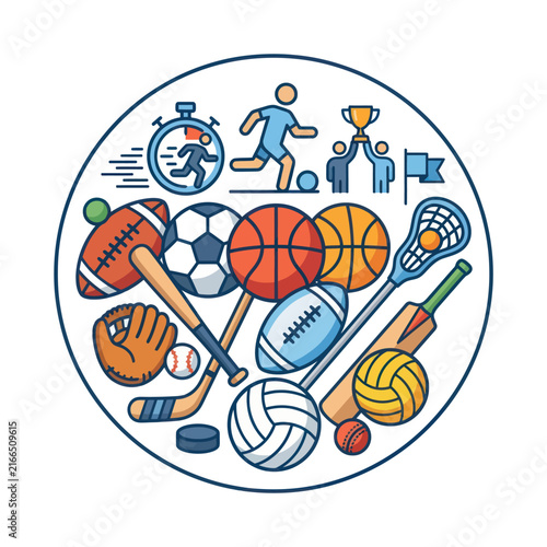 Diverse Sports Equipment and Athletes Collage Icon Set