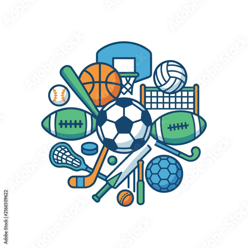 Diverse Sports Equipment Collage - Team Games and Athletics Illustration