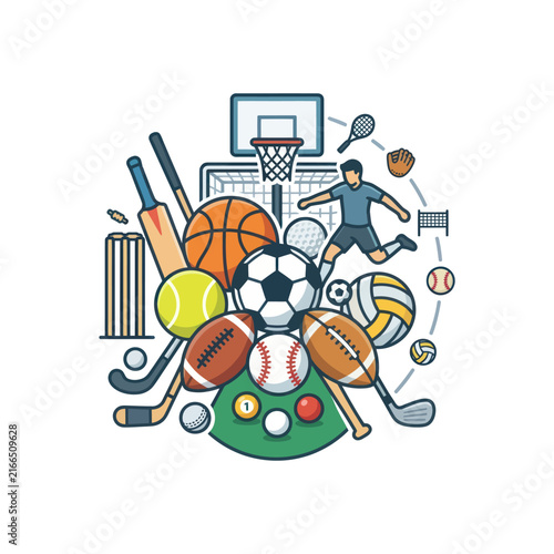 Diverse Sports Equipment Collage: Balls, Bats, Rackets, and More