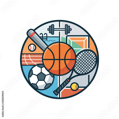 Diverse Sports Equipment Collage: Basketball, Soccer, Tennis, Baseball, Gym