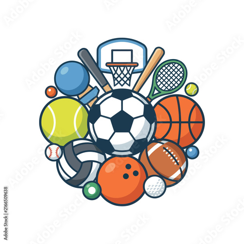 Diverse Sports Equipment Collage: Balls, Bats, Racquets, and Hoop