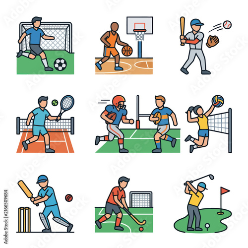 Diverse Sports Icons: Soccer, Basketball, Baseball, Tennis, Football, Volleyball, Cricket, Hockey, Golf