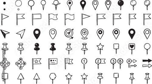Doodle set of map pointers and push pins, hand drawn vector icons, black outline illustration for navigation and location concept.