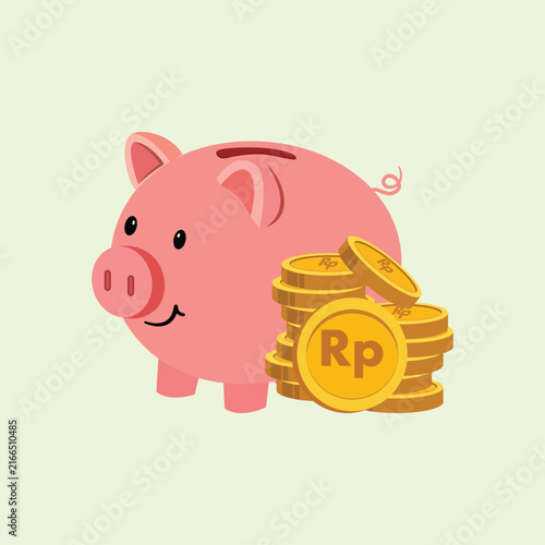 A charming pink piggy bank with a smiling face stands next to a stack of golden coins clearly marked with the Rupiah (Rp) symbol. This flat illustration represents saving and finance.