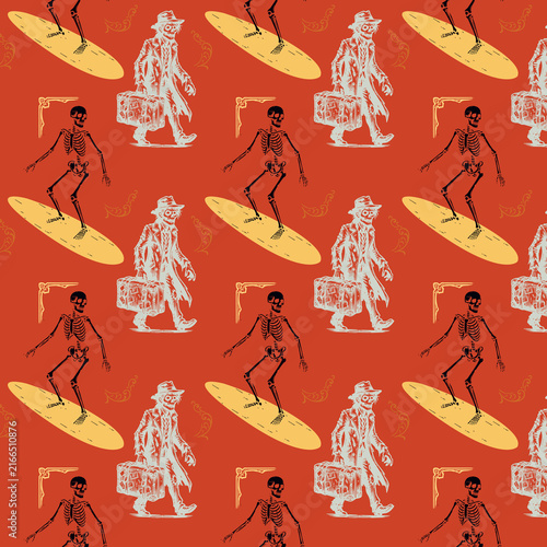 Photography spooky halloween surfing skeleton and suitcase zombie seamless pattern, weird un