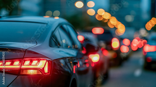 Evening traffic jam in urban city with cars brake lights glowing in rush hour congestion on busy street