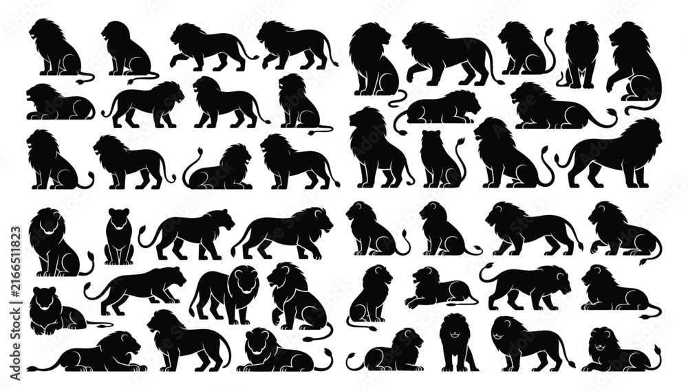 Obraz premium Multiple Black Lion Pride Silhouettes in Various Poses African Wildlife Vector Set.