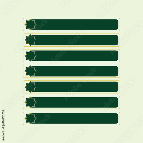 A set of dark green Islamic text banner labels with gold border accents and star motifs, isolated as a transparent illustration. Ideal for Ramadan, Eid Mubarak, and Islamic design templates.