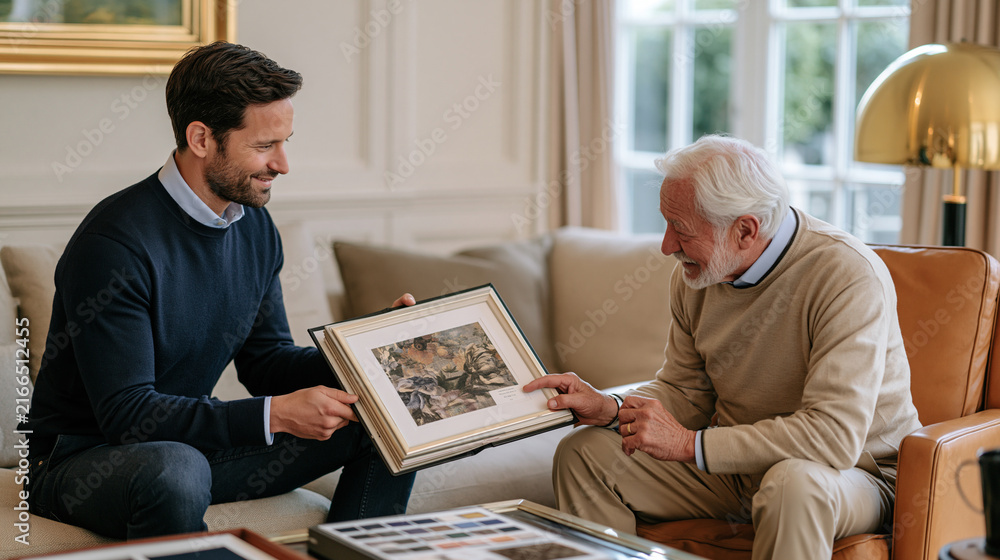 Fototapeta premium Print on demand designer showing elderly grandfather custom fabric swatch samples in luxury apartment interior, linen texture sample book open between generations, grandparent