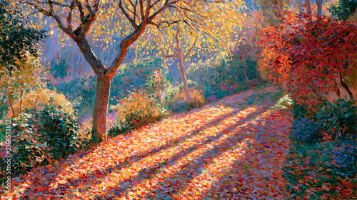 Autumn Forest Path Impressionist Oil Painting with Golden Sunlight and Fallen Leaves