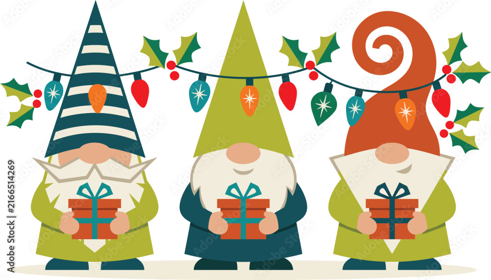 Naklejka premium Three cute christmas gnomes holding wrapped gifts standing together under a string of festive colorful holiday lights and holly