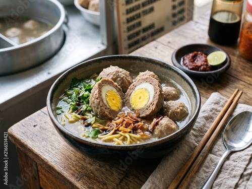 Indonesian Bakso Telur, Egg Filled Meatball, Traditional Street Food