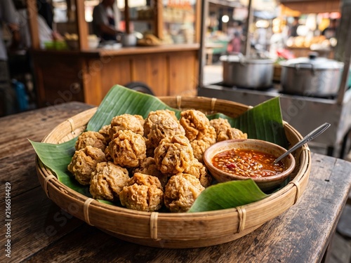 Indonesian Bakso Goreng, Fried Meatballs, Traditional Street Food