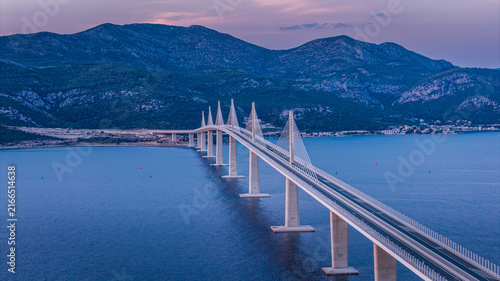Peljesac Bridge over Adriatic Sea at sunset