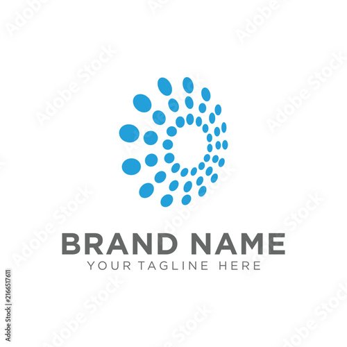 Obraz na plátně Blue circular halftone logo made of radiating dots forming a dynamic swirl sphere