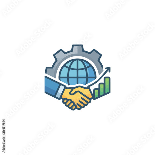 Global Business Partnership, Handshake, Globe, Gear, Growth Chart Icon